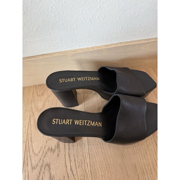$495 Stuart Weitzman Women’s Black Leather Platform Sandals High Heels Shoes 9.5 - Picture 4 of 6